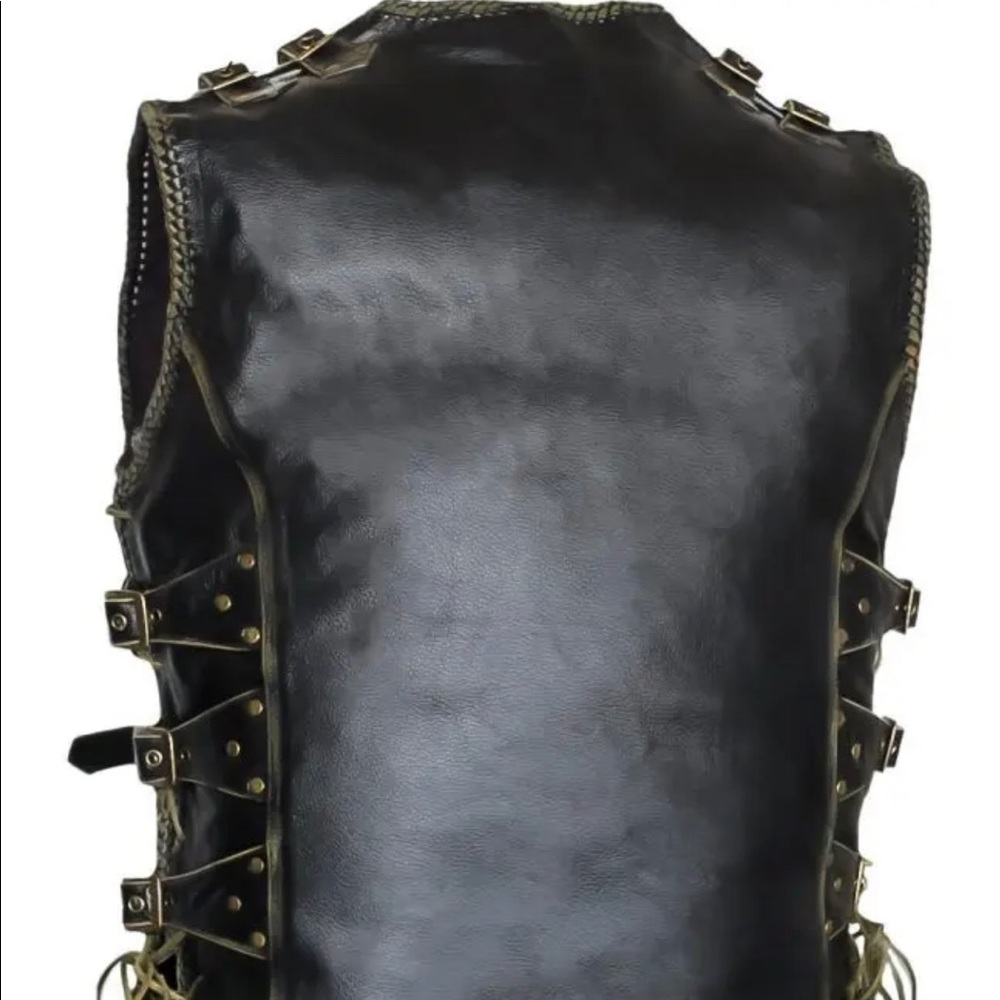 Men’s Motorcycle Distressed Black Side Laced Biker Concealed Carry Leather Vest - Picture 4 of 9